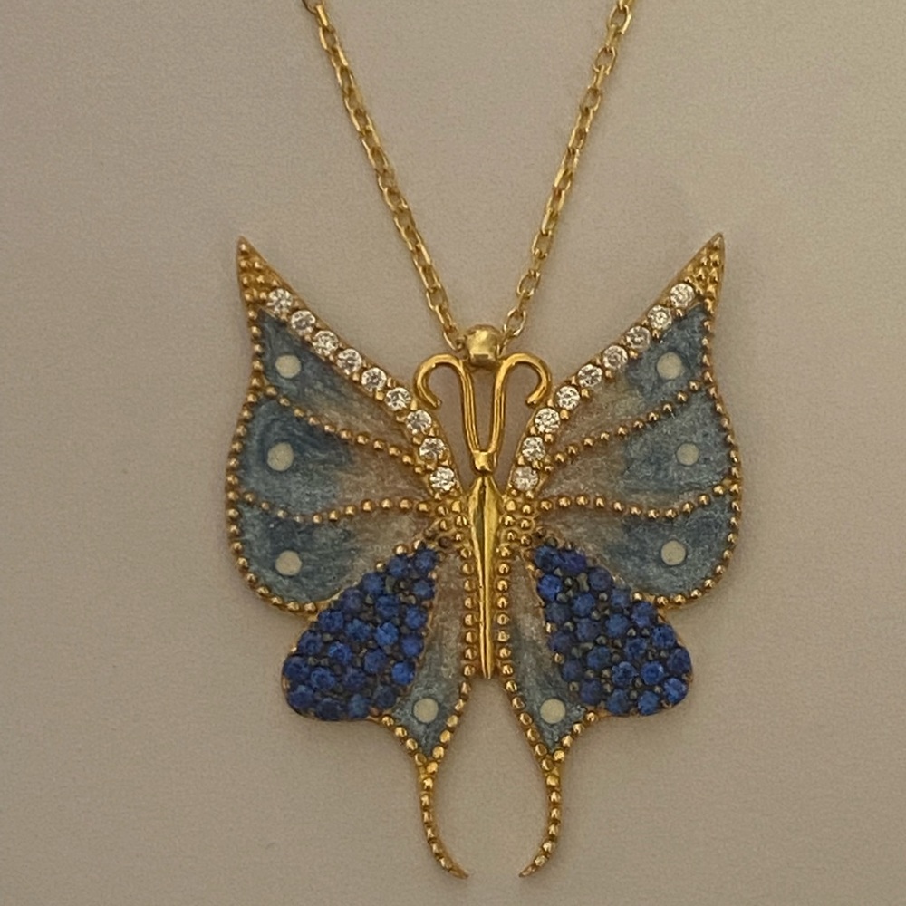 ๐ฆ925 silver butterfly necklace sapphire cz stone handmade 18k yellow gold plated - Picture 5 of 5